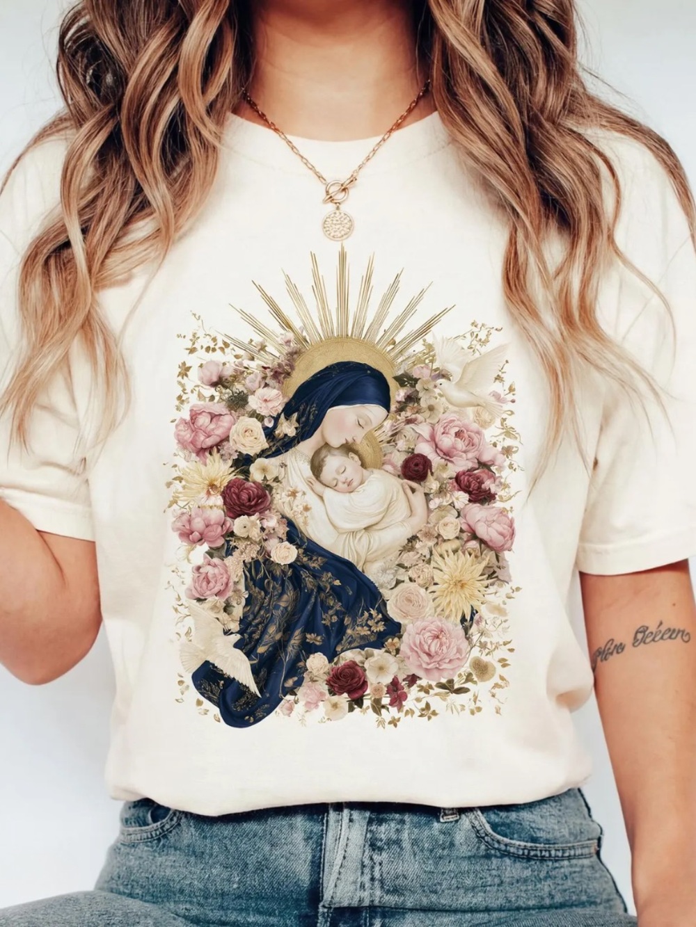 Off White Short Sleeve Tee with Floral Madonna & Child Graphic